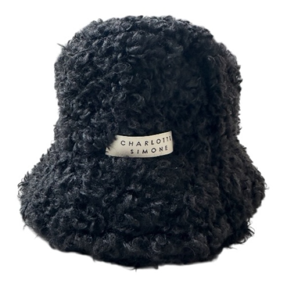 Charlotte Simone Black Faux Shearling Bibi Bucket Hat Limited Edition